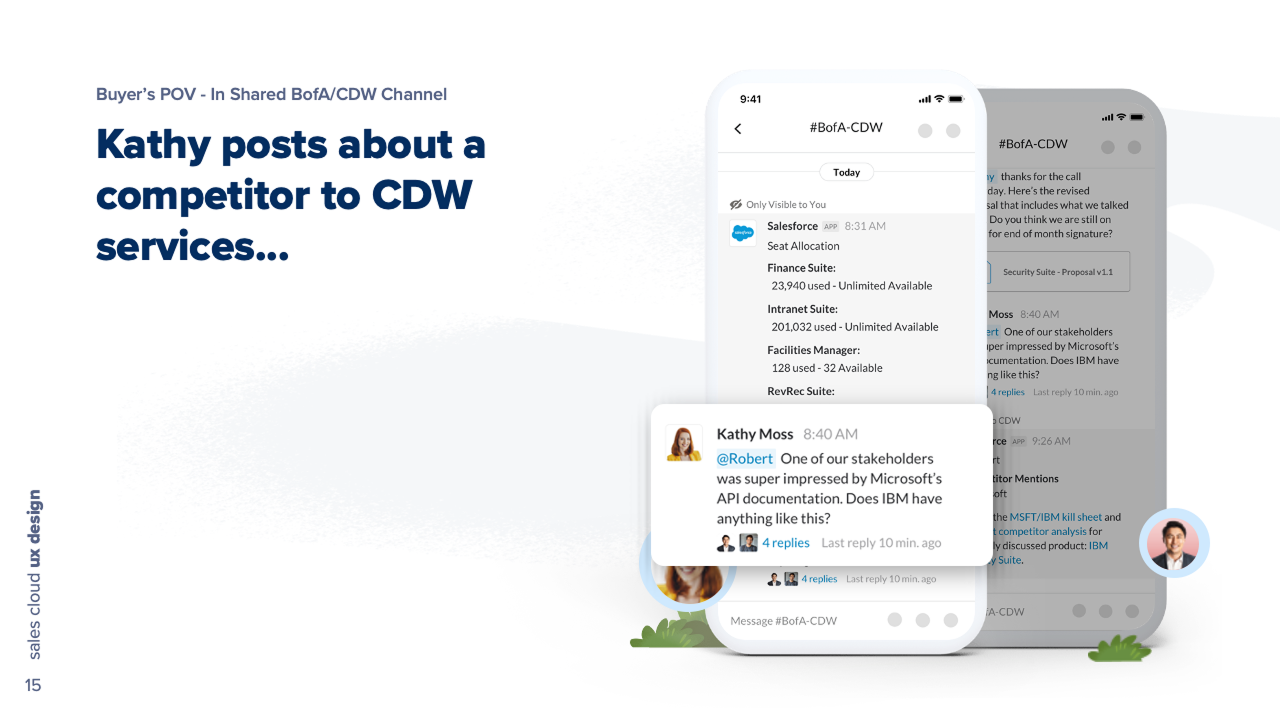 The buyer posts that a stakeholder was impressed by a competitor&rsquo;s API documentation, with her own self-serve seat allocation lookup visible behind it.